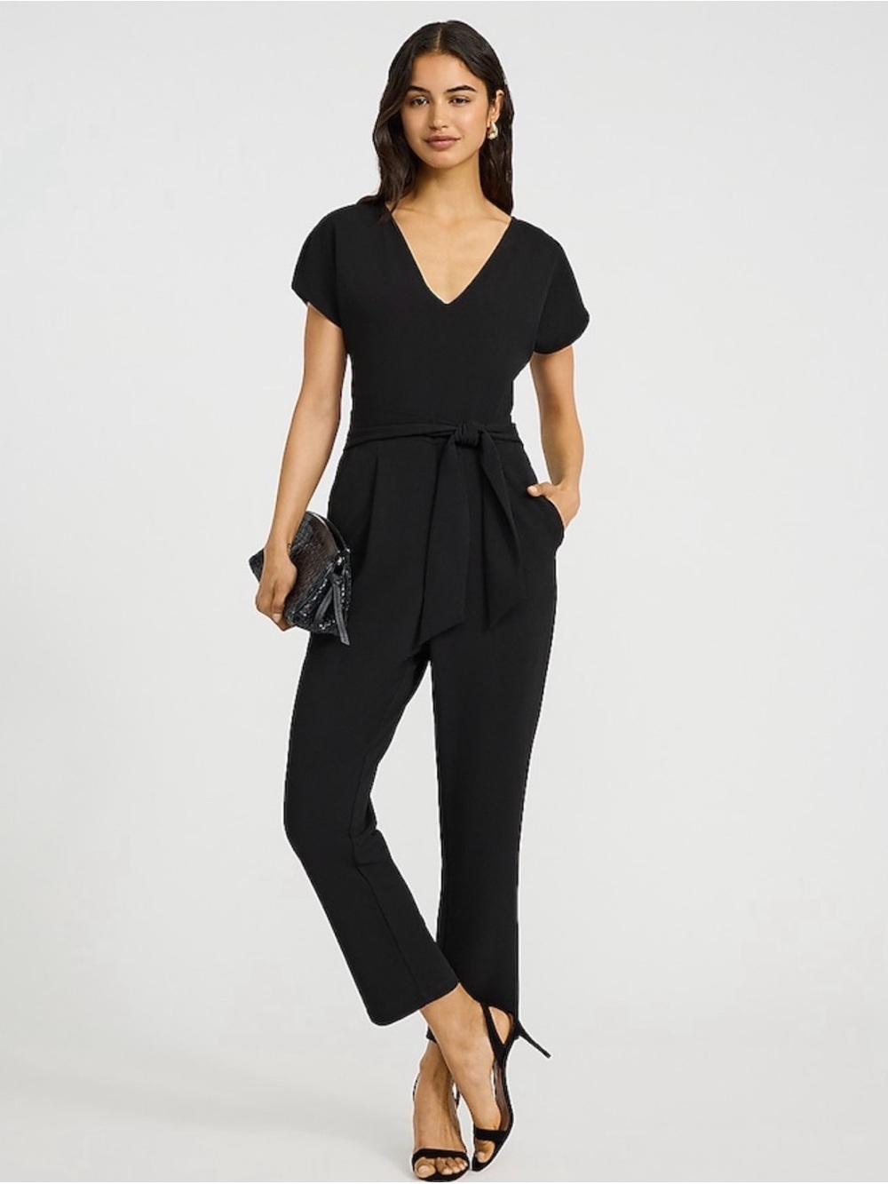 Express Black V-Neck Tie Waist Straight Leg Jumpsuit